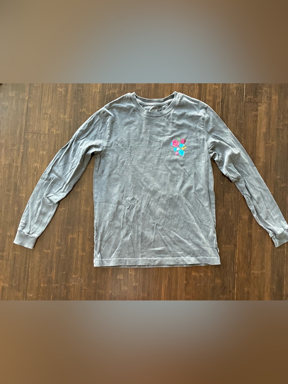 Vans Gray Long-Sleeve Tee with Small Floral Print, Sz Small